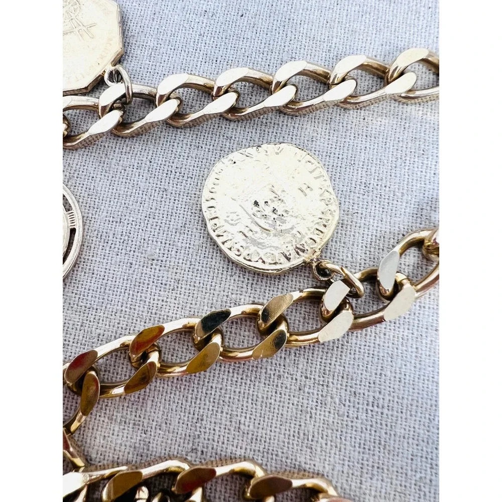 Vintage Gold Tone Curb Chain Coin Belt Statement Medallion Charms Adjustable